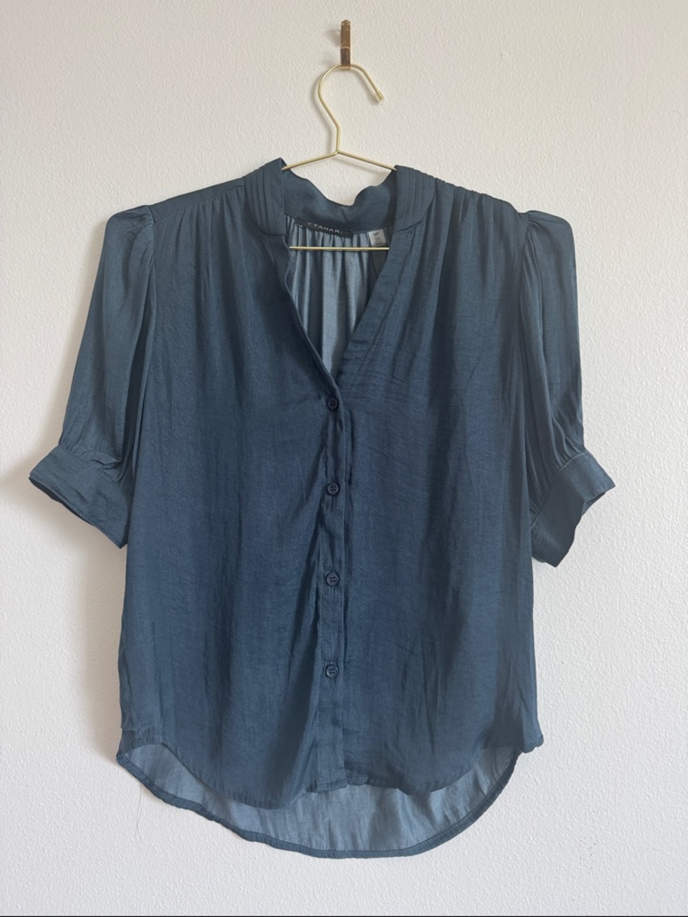Tahari Slate Blue Short-Sleeve Button-Front Blouse